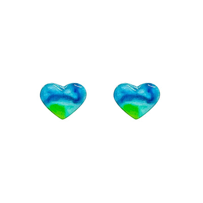 blue and green heart shaped stud earring for diabetes awareness that gives back to charity