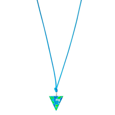 close up of Diabetes Awareness Necklace with triangle Pendant on adjustable blue cord