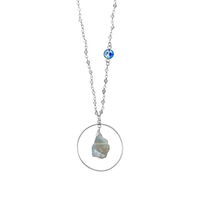 close up of colon cancer survivor jewelry with labradorite stones and large hoop pendant and small cell image in resin asymmetrical necklace in sterling silver