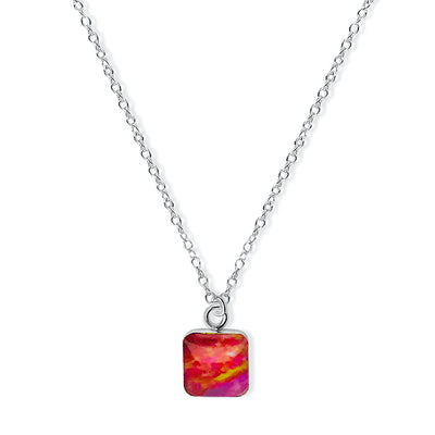 close up of square pendant chain necklace for heart disease awareness gives back to research