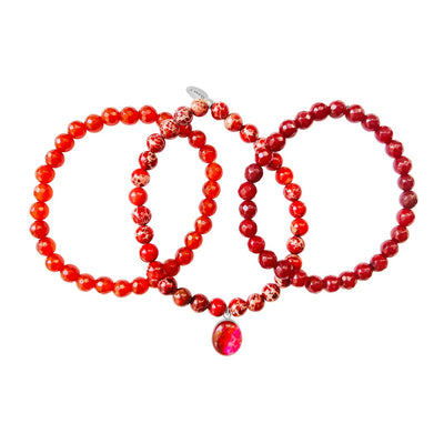 red heart disease awareness stacking bracelet set with jasper, jade and red carnelian
