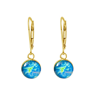 Blue gold filled Alzheimer's earrings for Alzheimer's awareness with resin pendants on lever backs.