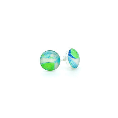 Alzheimer's Stud earrings in sterling silver with green, blue, and white images set in resin. 