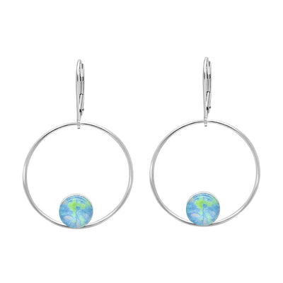 unity hoop earrings for alzheimer's awareness, sterling silver large hoops with smaller circular pendants at bottom of alzheimer's cell image under resin with leverbacks