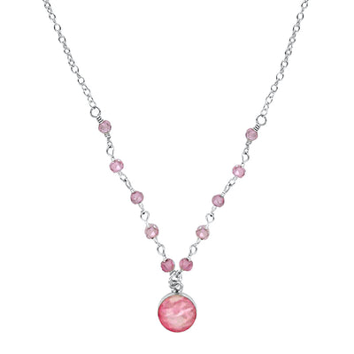 close up of pink quartz breast cancer awareness necklace with small pendant on chain 