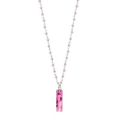 Breast Cancer Awareness Pink Quartz Necklace with long pink quartz linked chain and  breast cancer awareness pendant.