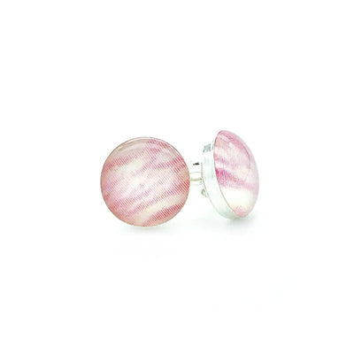 Sterling silver breast cancer earrings with pink and white images set in resin.
