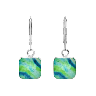 Building Blocks Diabetes Earrings in sterling silver with square hanging pendants in blue and green.