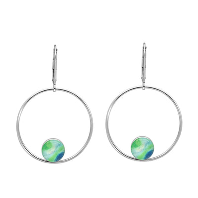 unity hoop earrings for Diabetes awareness, sterling silver large hoops with smaller circular pendants at bottom of diabetes scientific image under resin