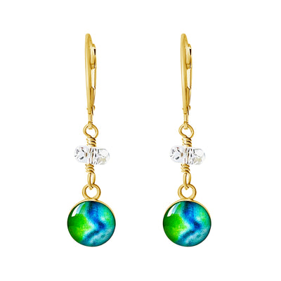 blue and green diabetes awareness earrings in gold with crystal quartz stones
