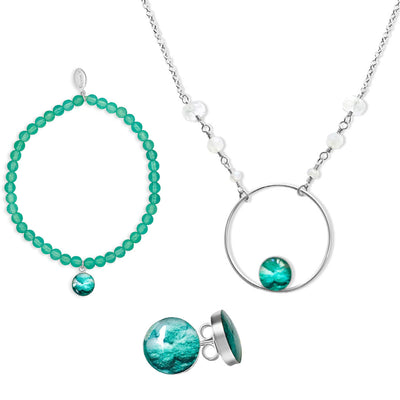 Teal infertility awareness jewelry set that promotes fertility and gives back to charity
