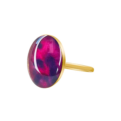 Lung Cancer Ring in gold with pendant in shades of pink and purple.
