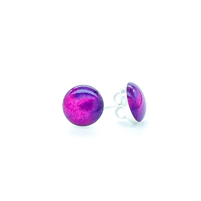 Lung Cancer awareness earrings in sterling silver purple and pink studs.