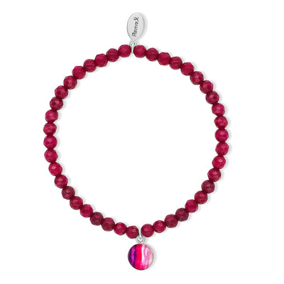 awareness stretch bracelet with magenta chalcedony and small round sterling silver pendant with lupus cell image under resin