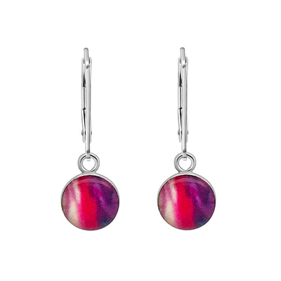Purple and pink sterling silver earrings for lupus awareness with resin pendants on lever backs