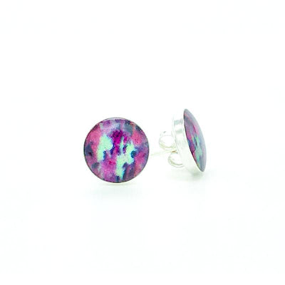 liver cancer awareness sterling silver studs with pink teal and black images set in resin post earrings