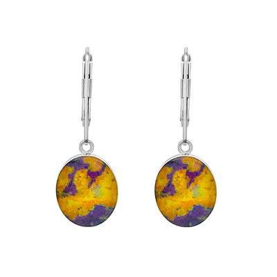 yellow and purple lymphoma awareness earrings in sterling silver oval
