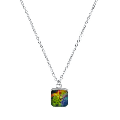 Multi Colored Melanoma necklace with square pendant on sterling silver chain. 