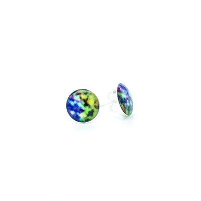 melanoma awareness sterling silver studs with blue green and yellow images set in resin post earrings