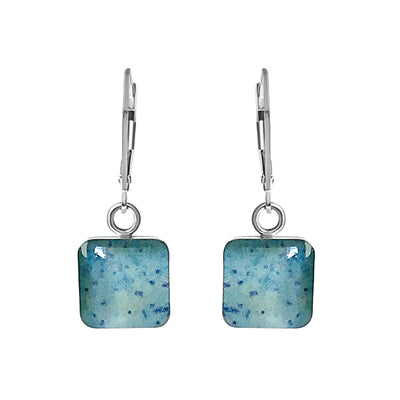 square shaped blue multiple sclerosis awareness earrings with sterling silver lever backs based on histology slides