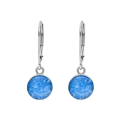 Blue sterling silver earrings for multiple sclerosis awareness with resin pendants on lever backs