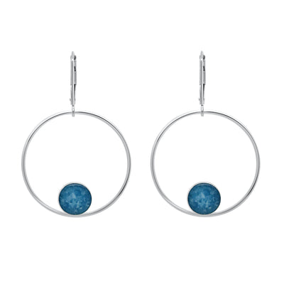 unity hoop earrings for multiple sclerosis research, sterling silver large hoops with smaller circular pendants at bottom of ms cell image under resin with leverbacks