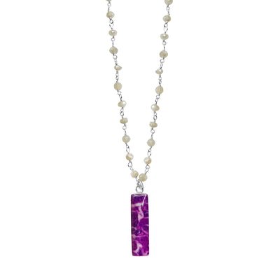 The Link for Change Pancreatic cancer necklace in sterling silver with moonstone chain and rectangular purple pendant.