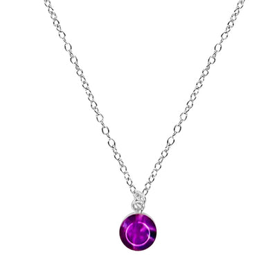 close up of small purple round pendant with pancreatic cancer cell image on chain necklace for pancreatic cancer awareness in Sterling silver
