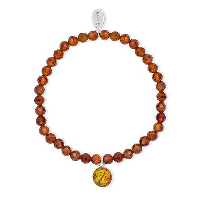 Prostate cancer bracelet for awareness with orange garnet stones and round resin pendant containing histology slide image