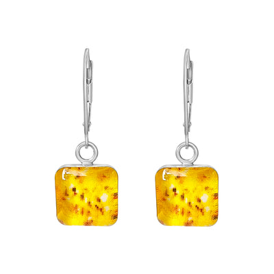 Yellow sarcoma cancer awareness earrings in sterling silver with square shaped resin pendants.