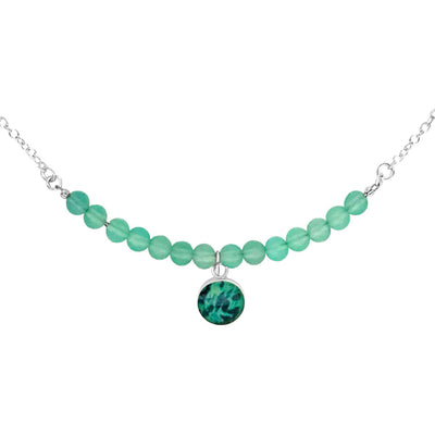close up of 4mm faceted round sea green chalcedony beads and round ovarian cancer cell image in teal and navy blue set in resin pendant on sterling silver chain necklace