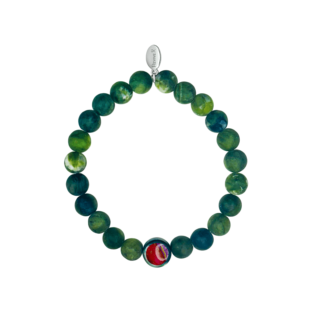 mens jade bracelet with heart disease cell image in resin pendant on stretch cord