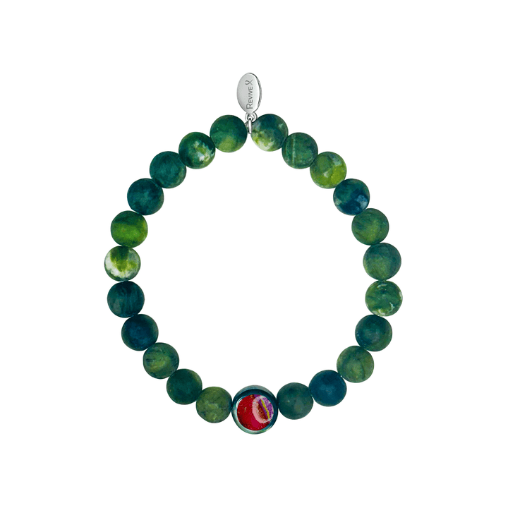 mens jade bracelet with heart disease cell image in resin pendant on stretch cord