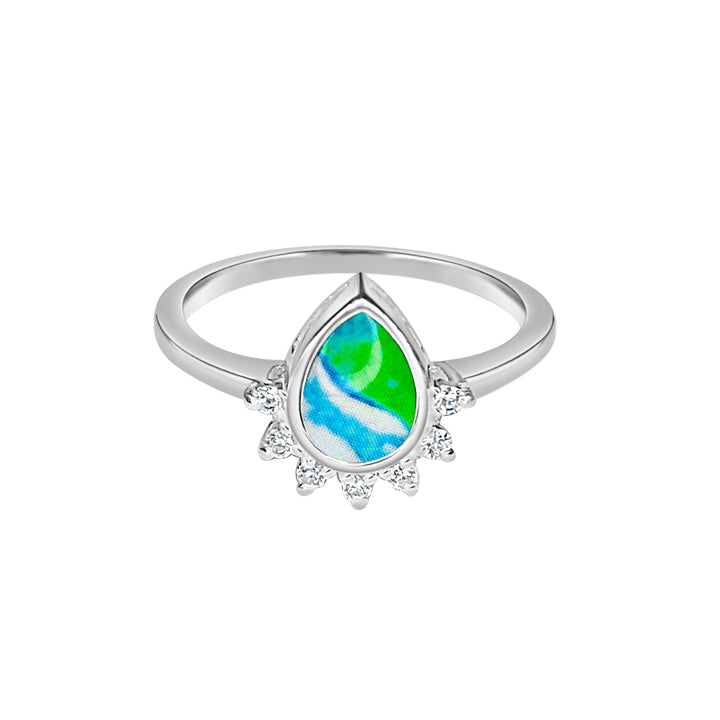 Sterling silver teardrop shaped ring with half halo of cubic zirconia stones and alzheimers cell image under resin pendant 