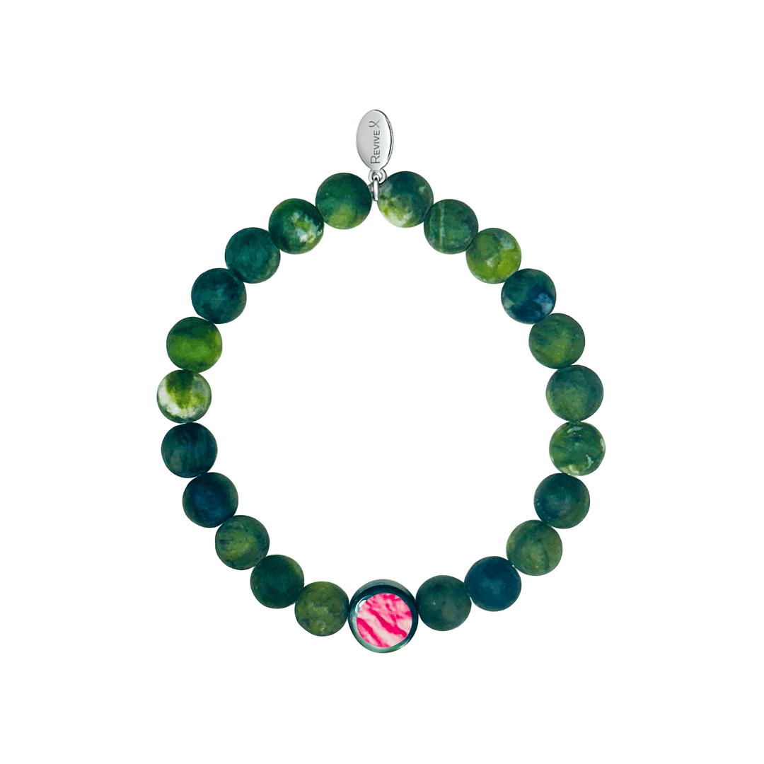 mens jade bracelet with breast cancer cell image in resin pendant on stretch cord