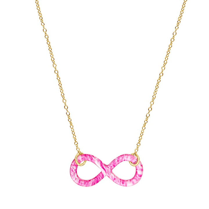 close up of pink breast cancer cell image infinity symbol pendant with resin and gold filled chain necklace