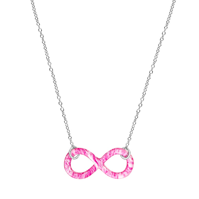 close up of pink breast cancer cell image infinity symbol pendant with resin and Sterling silver chain necklace
