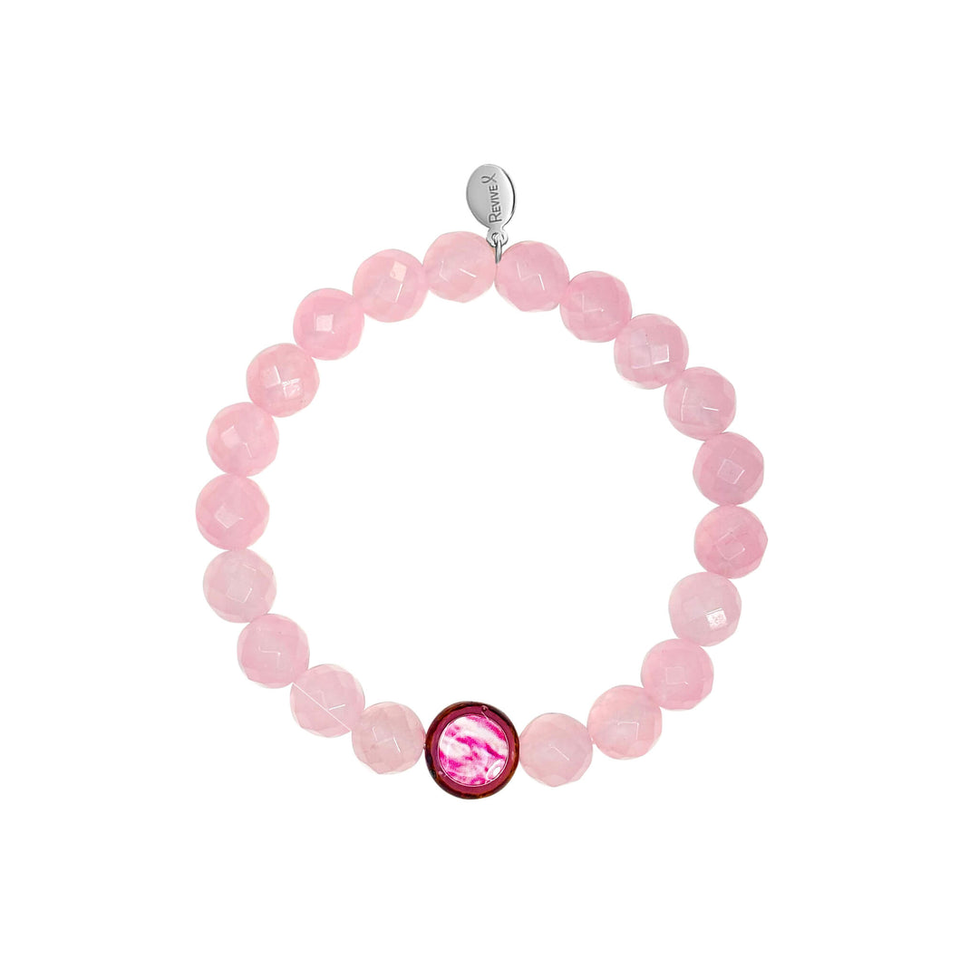 rose quartz stone stretch bracelet with breast cancer cell image in resin pendant