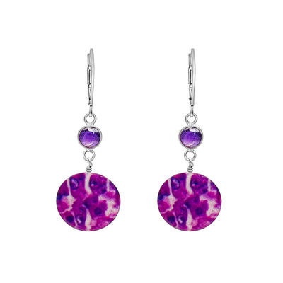 purple amethyst drop earrings for pancreatic cancer awareness in Sterling silver
