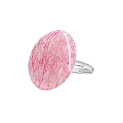 pink breast cancer dinner ring with large round cell image under resin and adjustable Sterling silver band