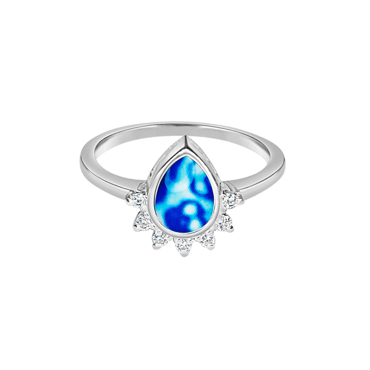 Sterling silver teardrop shaped ring with half halo of cubic zirconia stones and childhood cancer cell image under resin pendant