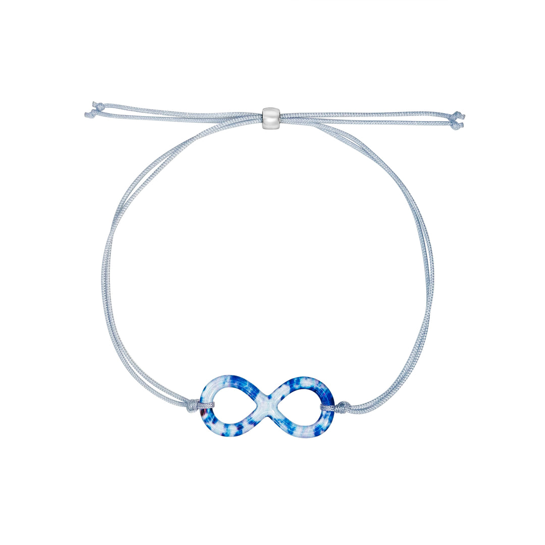 infinity symbol bracelet based on a colon cancer cell image in resin with adjustable gray cord and Sterling silver slide bead