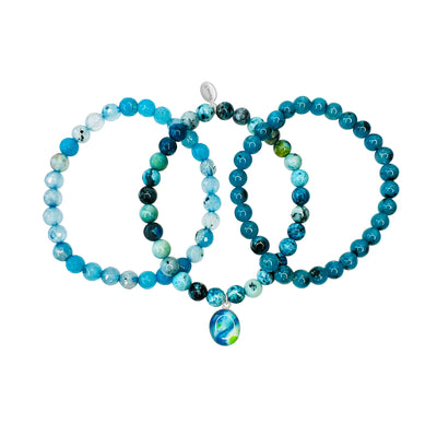 diabetes awareness stacking bracelet set with Ocean Turquoise Jasper, Turquoise Kiwi and Blue Agate that gives back to charity in sterling silver