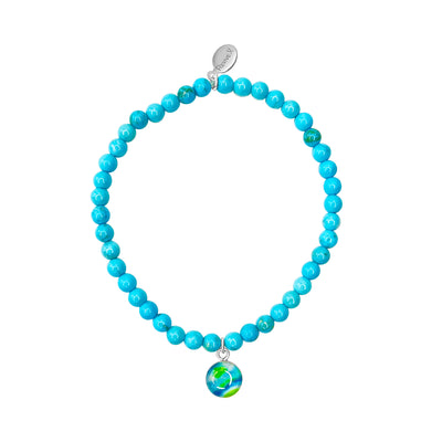 Stretch Diabetes awareness bracelet with smooth blue turquoise beads and small round sterling silver pendant in resin. 
