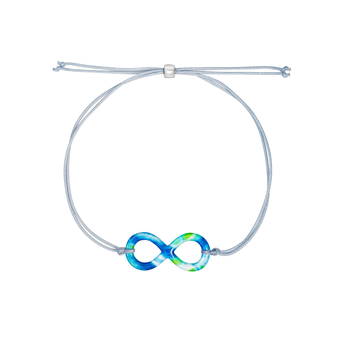 infinity symbol pendant with diabetes cell image in resin and adjustable gray cord with sterling silver slide bead