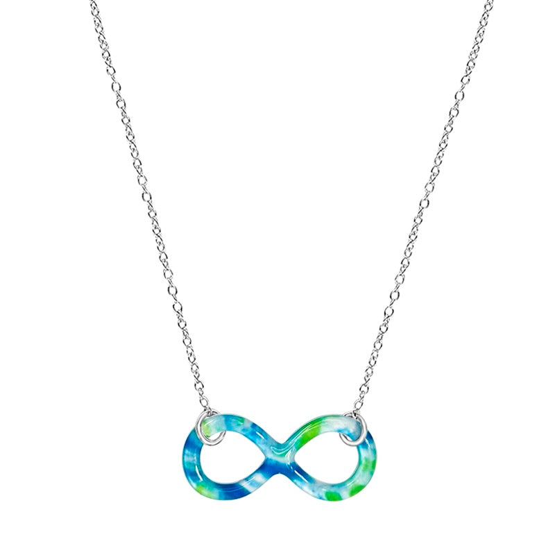 close up of infinity symbol pendant with diabetes cell image in resin and sterling silver chain