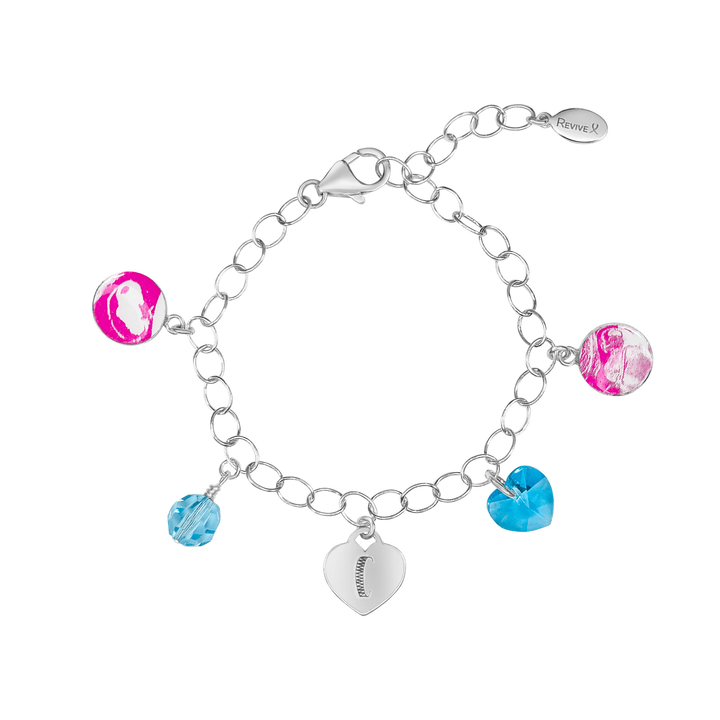 Silver bracelet with pink pendants showing the IVF journey from embryo to baby with blue birthstone crystals and an engraved heart-shaped charm on a white background