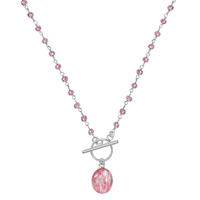 close up of Breast cancer Awareness Link Necklace with Pink cubic zirconia and cell image resin Pendant in Sterling silver.