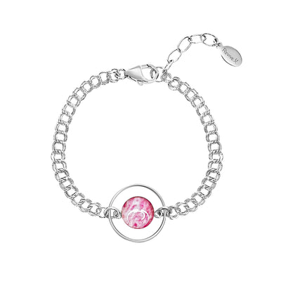 hoop bracelet for breast cancer awareness with pink cell image in resin pendant on Sterling silver adjustable chain