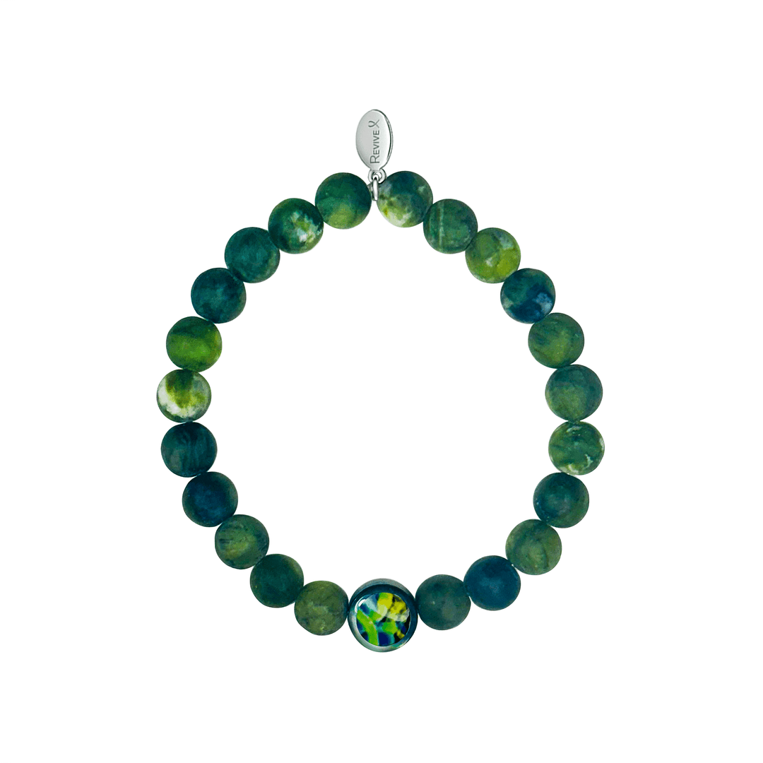 mens jade bracelet with HIV cell image in resin pendant on stretch cord